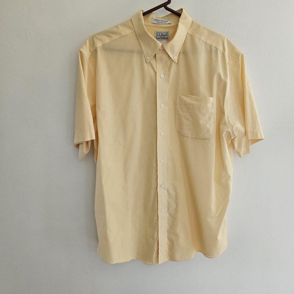LL Bean Shirt Mens L Yellow Gingham Wrinkle Resistant Button Front Short Sleeve